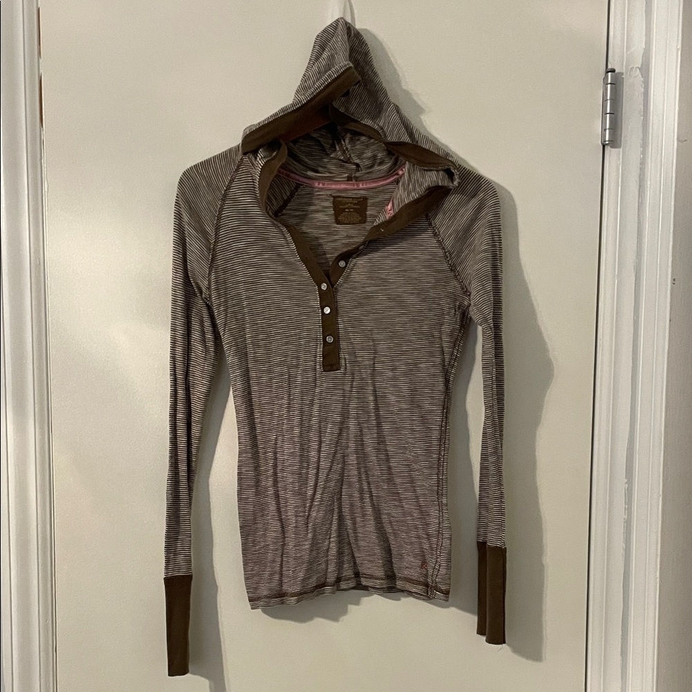 American Eagle Outfitters Brown Striped Hooded Henley